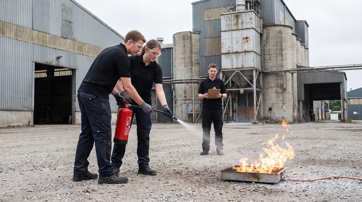 Exercice d'extinction sur feu réel par une équipe d'intervention incendie d'un site industriel