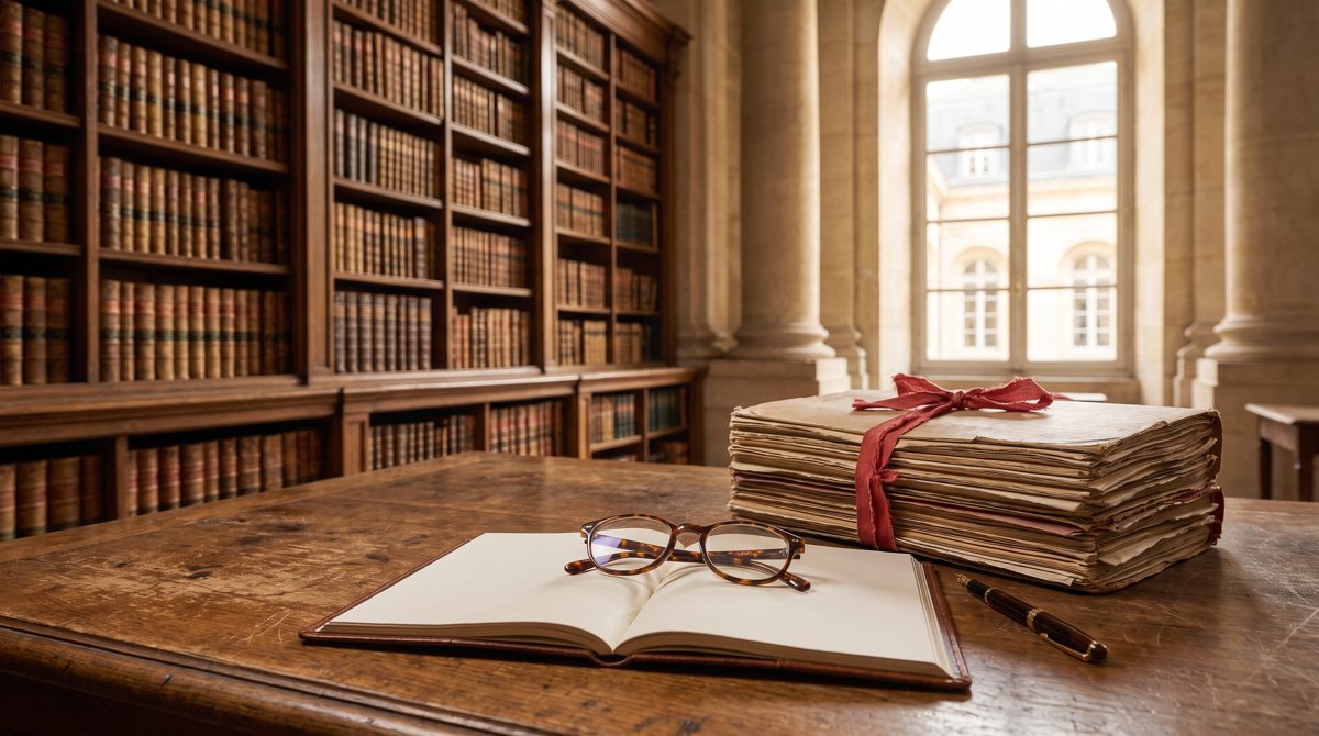 Dossiers de décisions de justice noués d'un ruban sur un bureau de bibliothèque juridique